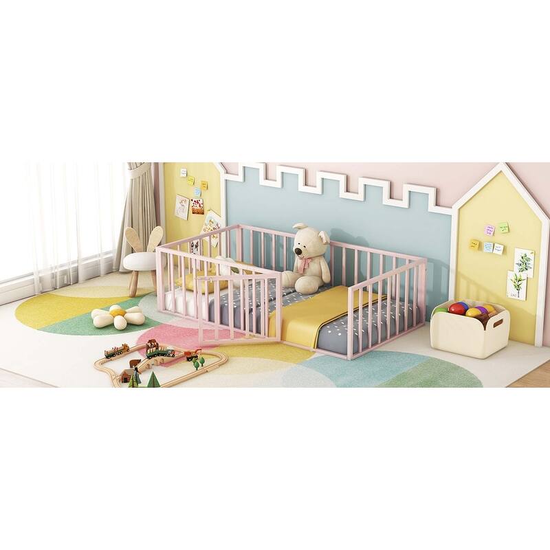 Metal Floor Bed Frame with Fence & Door