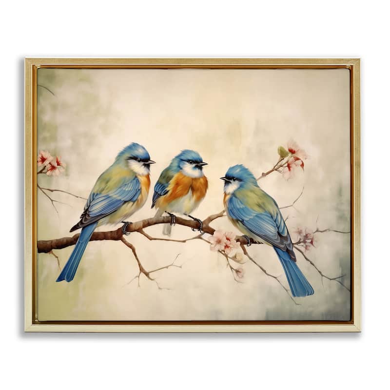 Stupell Bird Trio on Branch Framed Floater Canvas Wall Art Design By Arlington Prints - 31 x 25 - Gold