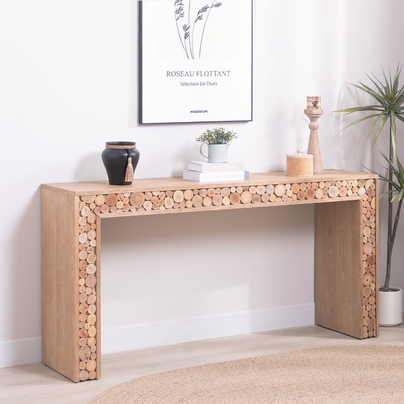 Rustic Wood Console Table with Natural Log Accents - 62" Entryway Table, Narrow Sofa Table, Hallway