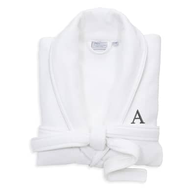 Authentic Hotel and Spa White Unisex Turkish Cotton Waffle Weave Terry Bath Robe with Grey Block Monogram