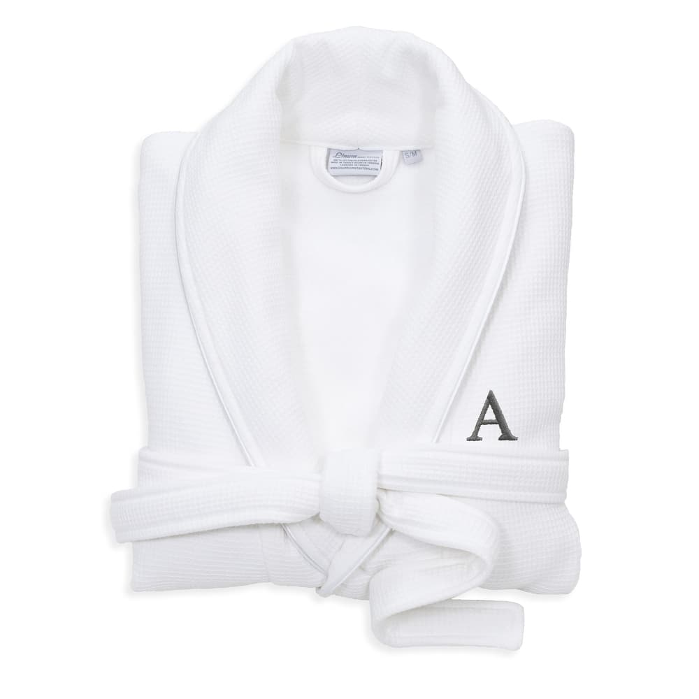 Authentic Hotel and Spa White Unisex Turkish Cotton Waffle Weave Terry Bath Robe with Grey Block Monogram
