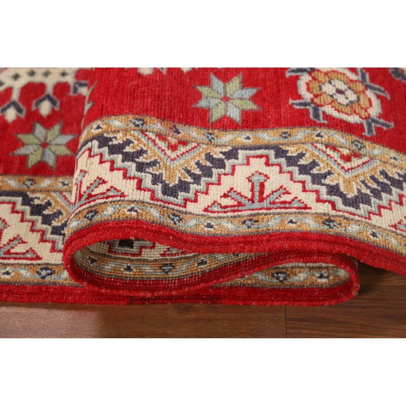 Geometric Kazak Runner Rug Handmade Red Wool Carpet - 2'11" x 9'8"