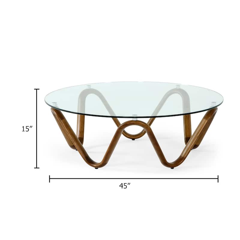 Cid Lasp Coffee Table, 45 Inch, Round Glass Top, Walnut Wave Design Base