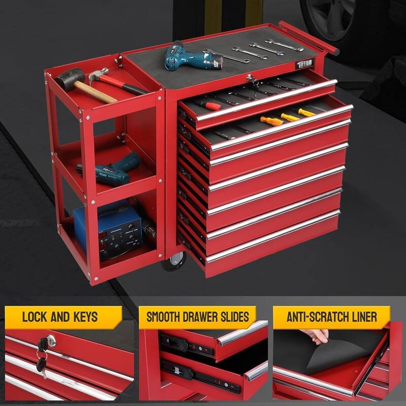 7-Drawer Rolling Tool Chest Tool Storage Side Cabinet with Side Shelves Wheels