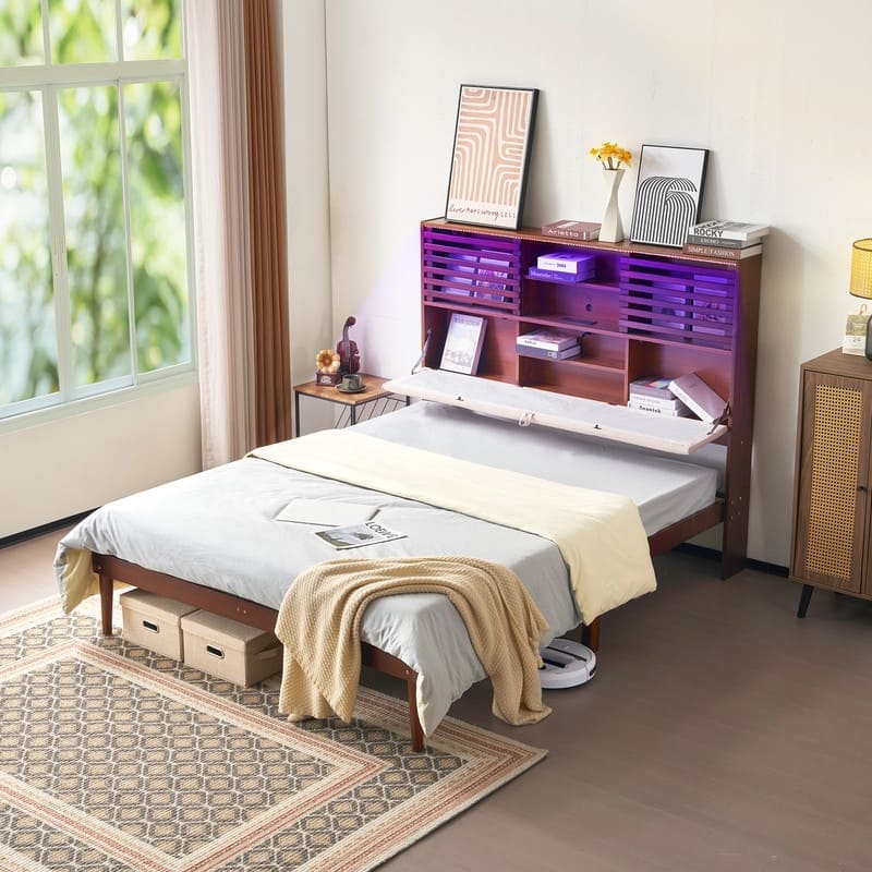 VINGLI High Back with Upholstery Floor Standing MDF Coffee Color Wooden Bed with Back Storage Space with Plug RGB Light Strip