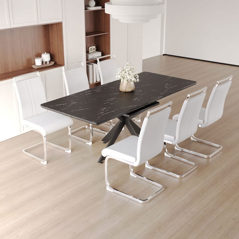 Modern Dining Set with Rectangular Extendable Table & High Back C-shaped Tube Armless Chairs
