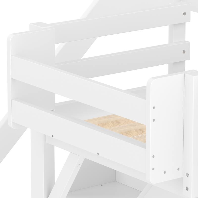 Kids Solid Wood Loft Bed Frame with Built-in Wardrobe, Storage Shelves, Full-length Guardrails and Stairs, No Box Spring Needed