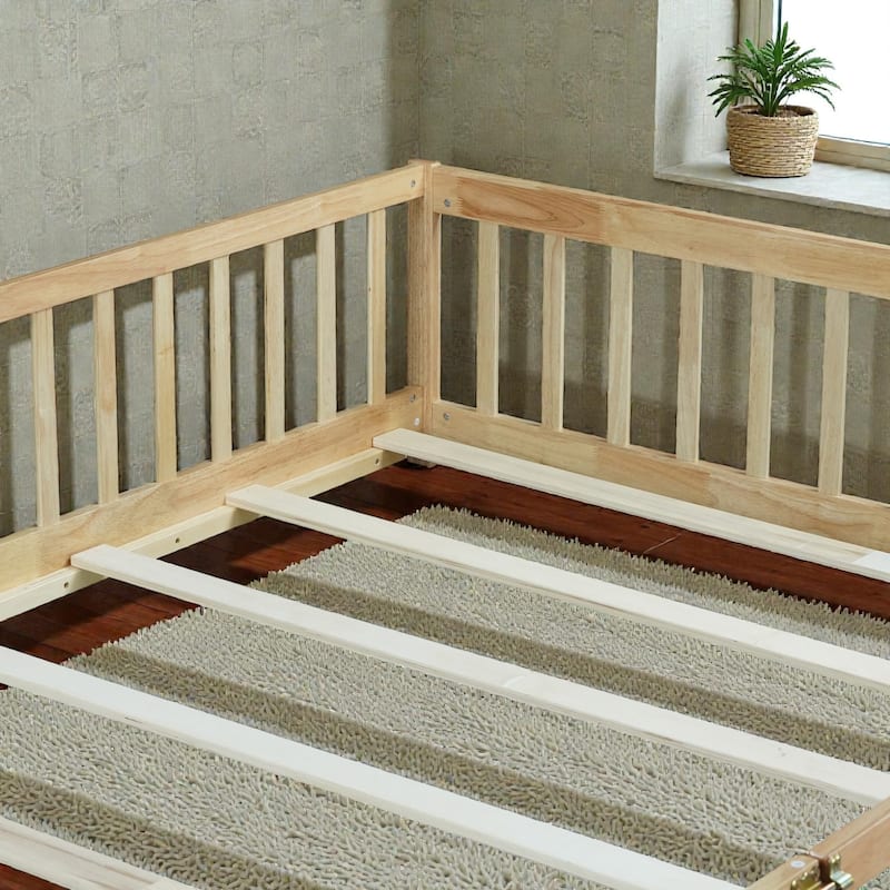 Queen Floor Bed with Fence and Door, Solid Rubber Wood Montessori Floor Bed with Safety Guardrails