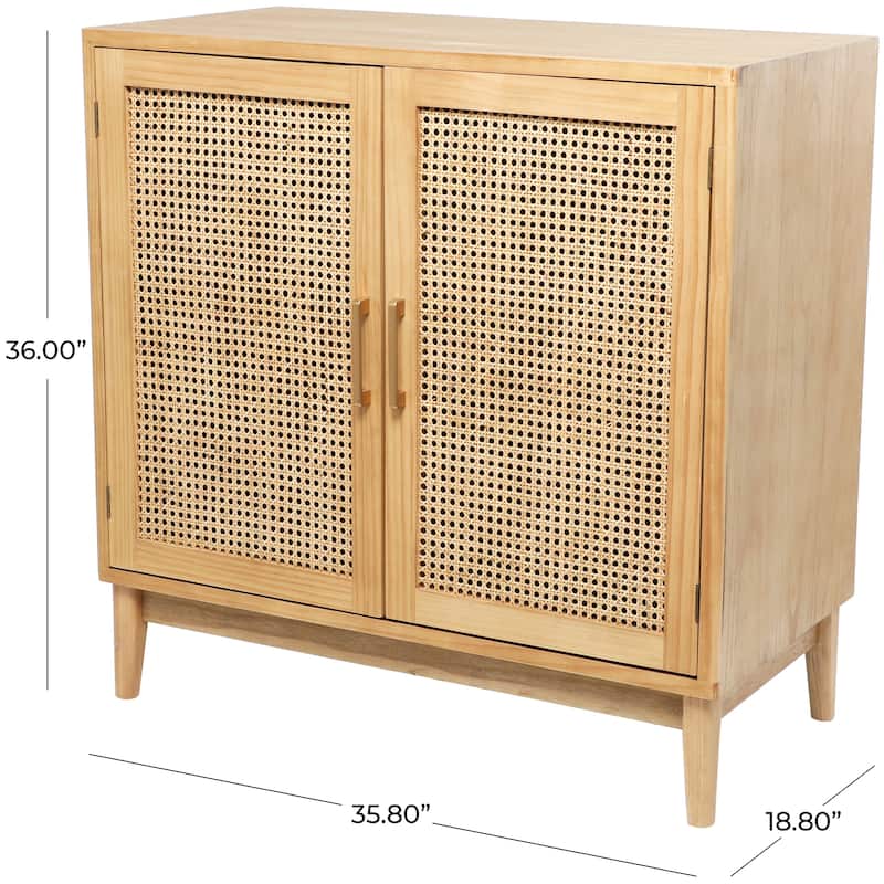 Wood 2 Door Cabinet with Beige Rattan Doors and Gold Handles - Light Brown or or Black - Roche River Decor