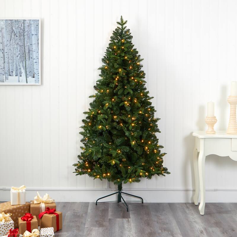 7' Grand Teton Spruce Flat Back Christmas Tree with 220 Clear LED - Green
