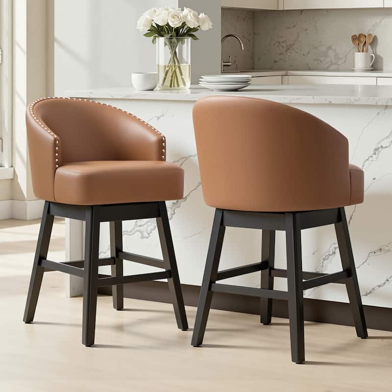 26.4''/31.9"H Faux Leather Upholstered Solid Wood Swivel Bar Stools / Counter Stools - Set of 2 - 26.6''Brown - Counter Height