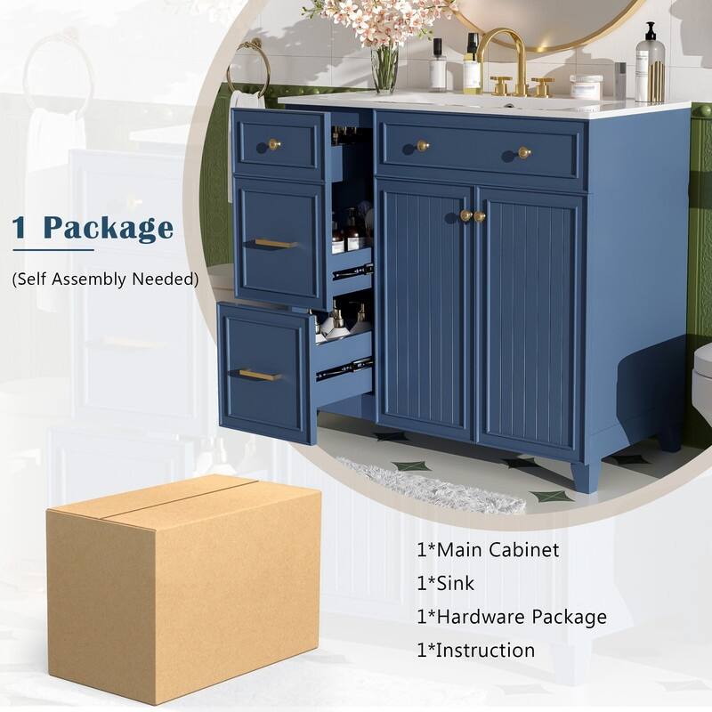 Transitional Style 36-inch Bathroom Vanity with Ceramic Sink, 2 Soft-Close Doors Freestanding Cabinet with 2 Drawers