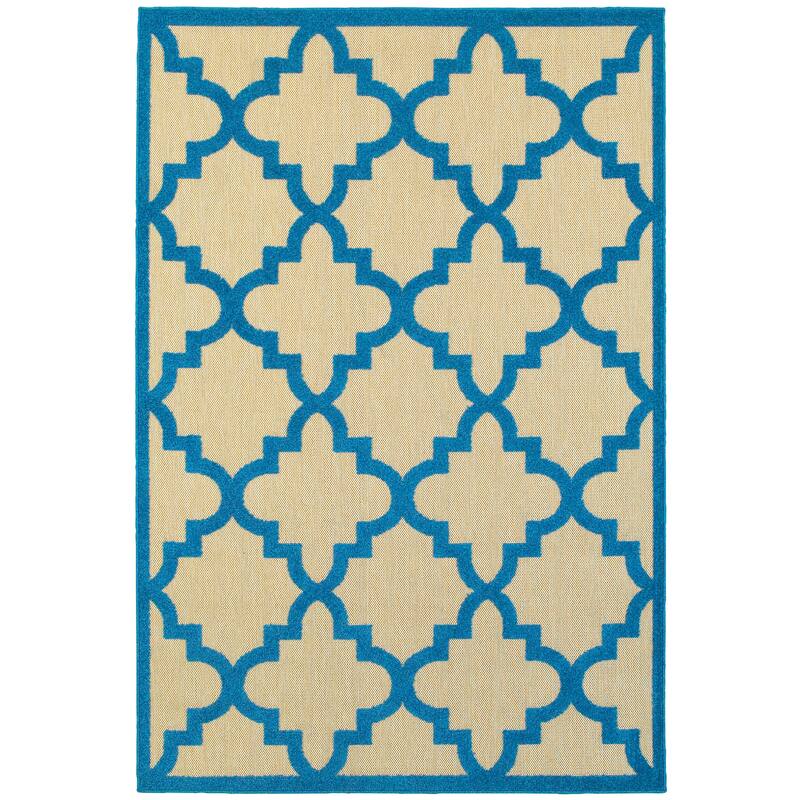 Style Haven Cara Mixed Pile Quatrafoil Lattice Indoor/ Outdoor Area Rug - 6'7" x 9'6" - Blue/Sand