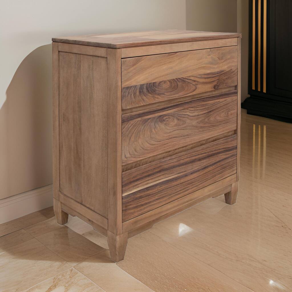 Neuv 42 Inch Tall Dresser Chest, 3 Drawers, Natural Brown Solid Mango Wood
