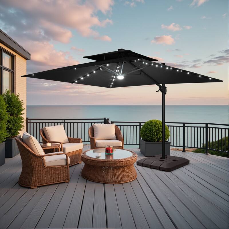 9 FT x 11 FT Outdoor Double Top LED Lighted Patio Cantilever Umbrella with Base
