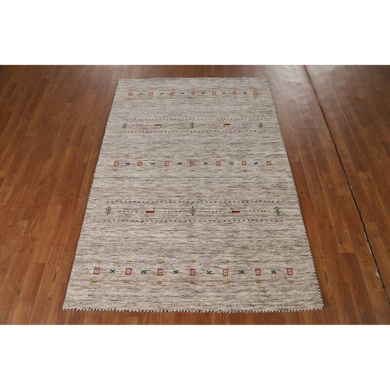 Hand Knotted Oriental 100% Wool Carpet Tribal Animal Pictorial Beige & Ivories Gabbeh Area Rug - 5' 9'' X 3' 11''
