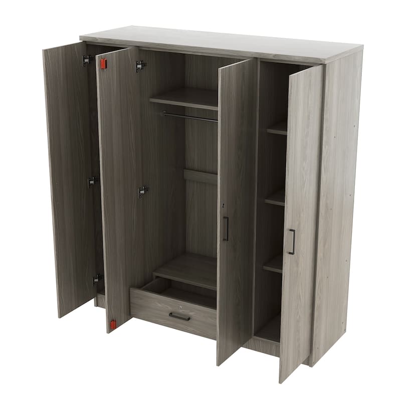Grey Floor Wardrobe Armoire Cabinet with Folding and Hanging Areas