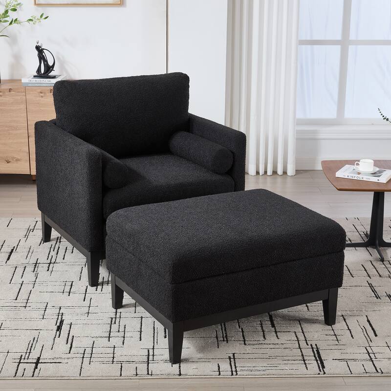 35.4 "Wide Wood Base Square Accent Arm Chair with Ottoman Natural Wood Legs with Reversible Lid Coffee Table
