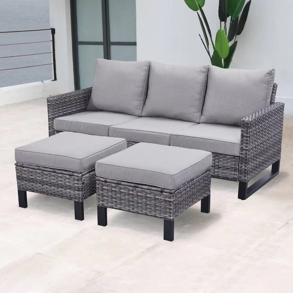 Gymojoy Outdoor Patio Furniture Sofa 3 Seater Wicker Sofa With Ottoman Set