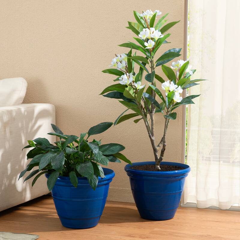 Glitzhome Set of 2 Round Cobalt Blue/Turquoise/Red Faux Ceramic Pot Plastic Planter