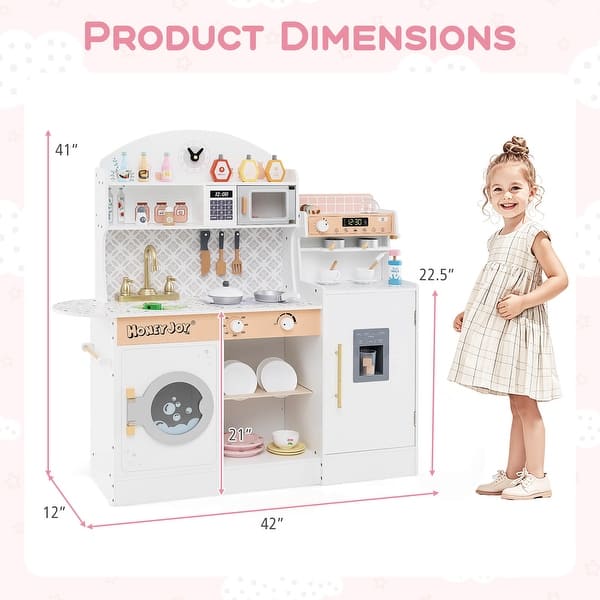 dimension image slide 2 of 3, Costway Kids Kitchen Set Wooden Kitchen Playset with Clock, Microwave, - See Details