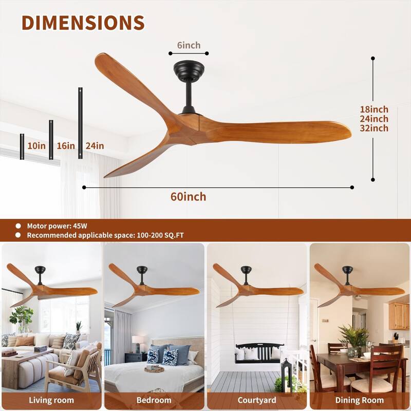 60 Inch wood Ceiling Fan No Light Without Lights for Patios Bedroom Living Room Indoor Outside Reversible ETL DC Motor