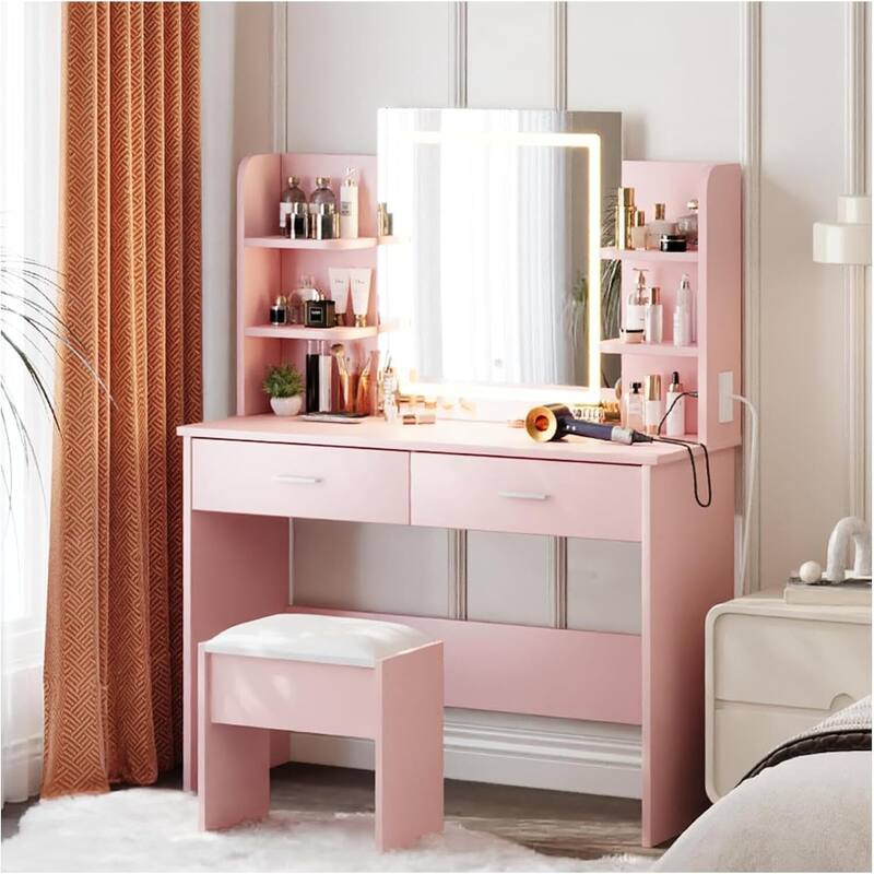 2 Drawers Dressing Table, Makeup Vanity Desk with Mirror and Lights for Bedroom