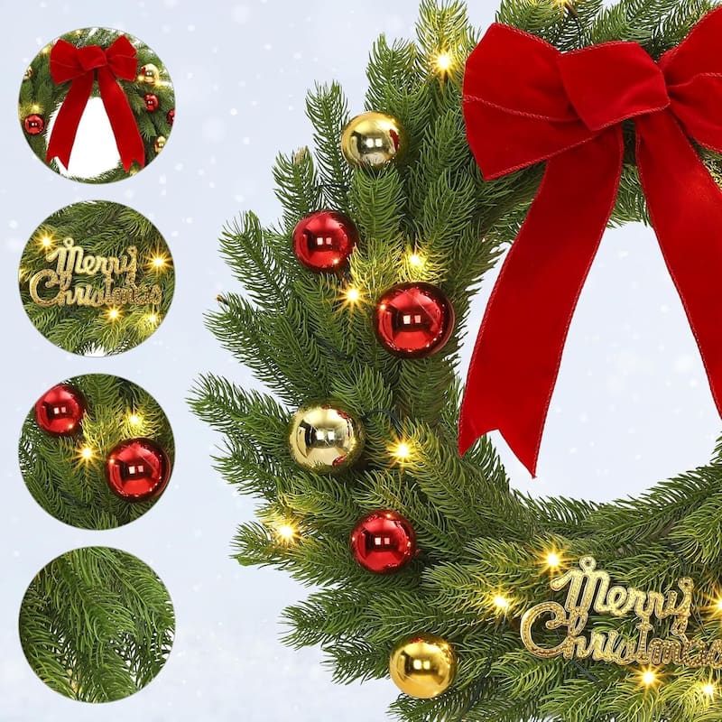 24 Inch Pre-Lit Front Door Wreath with Red Bow & Balls - N/A