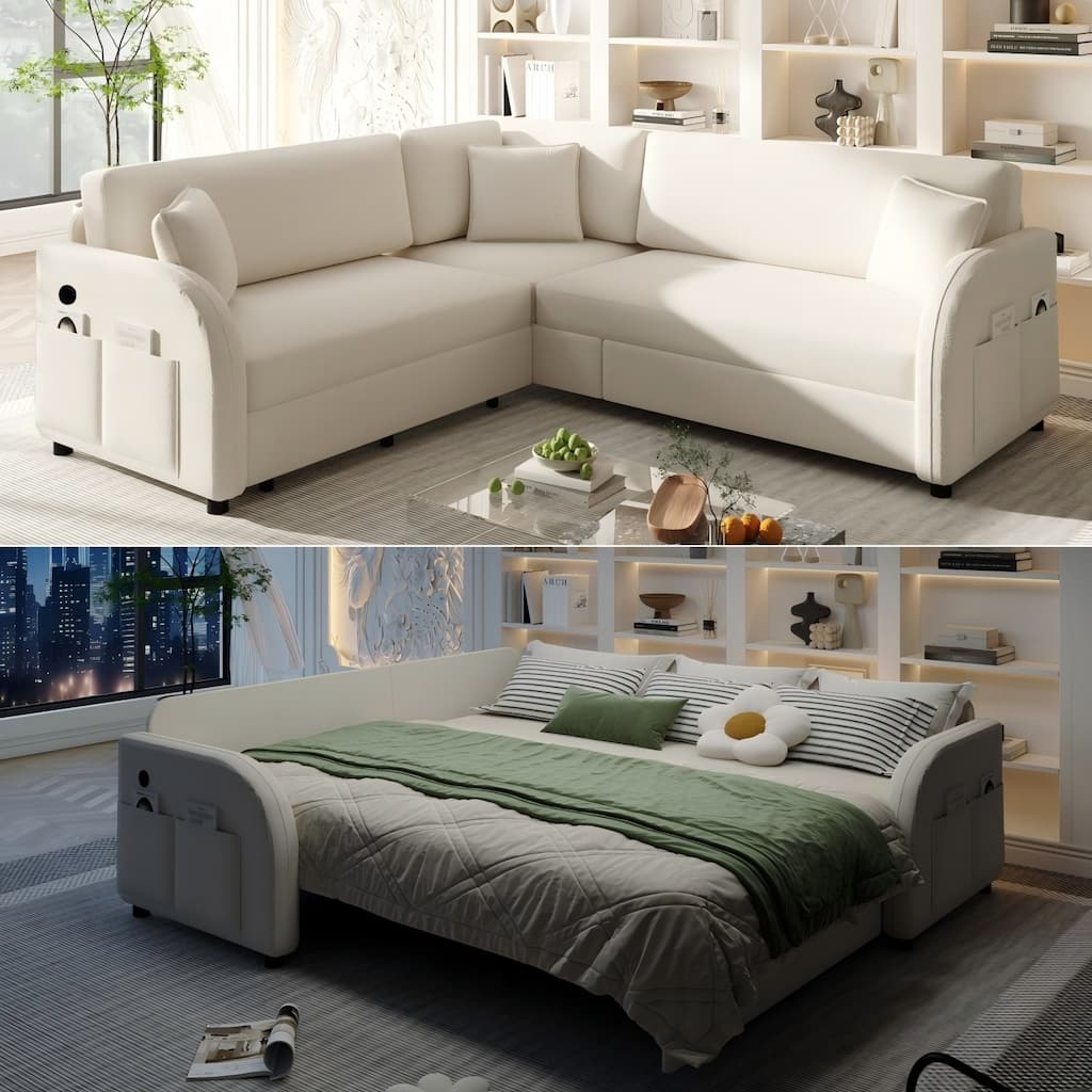 85.1" Teddy Upholstered Sofa with Pull-Out Bed and USB Port