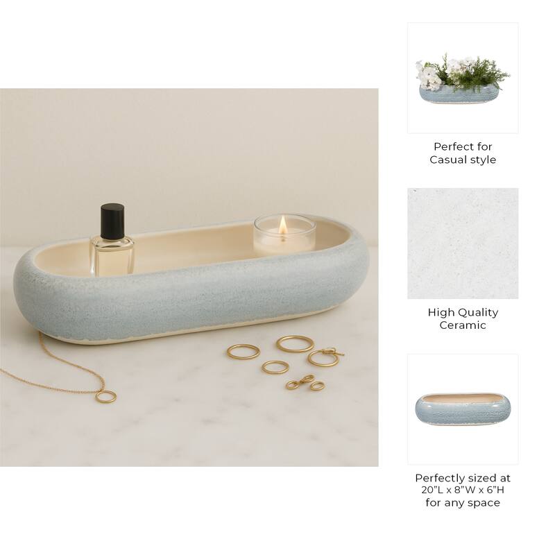 Modern Oval Ceramic Decorative Accent Bowl - Home Decor - 20", Blue - 20.0"