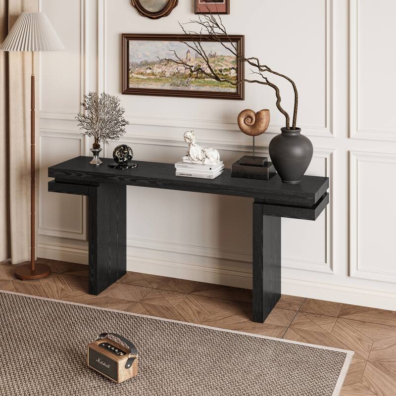 66 inch Extra Wide Real Wood Veneered Console Table Minimalist Sofa Table Distressed Oak Entryway