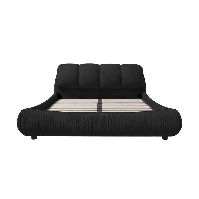 Queen Size Upholstered Platform Bed with Cushioned Headboard - Sturdy Solid Wood Frame.