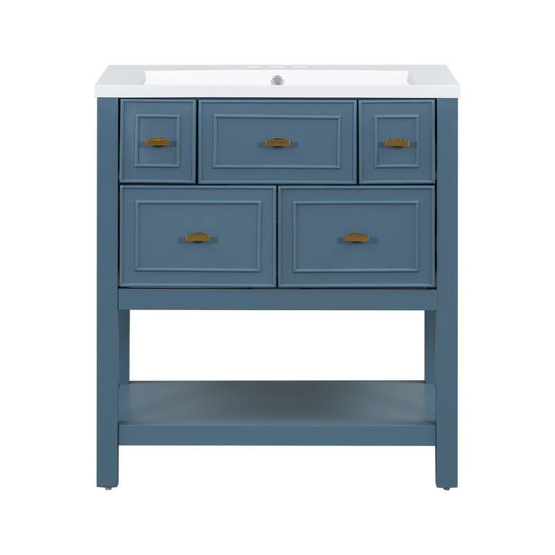 30'' Bathroom Vanity with/without Resin Sink, Freestanding Bathroom Vanity Cabinet with 5 Drawers & Open Shelf, Solid Wood Frame