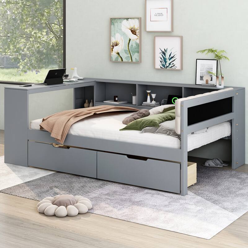 Upholstered Daybed, L-shaped Sofa Bed Frame with Desk, Shelves, Charging Station, and Optional with Trundle or Drawers