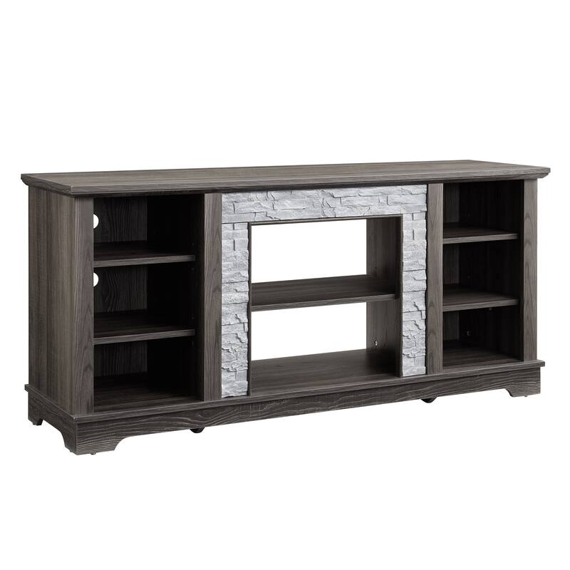 Anmytek Farmhouse TV Stand with Faux Stacked Stone Surround Accent Media Console for 60-69 inches TV Rustic Storage Cabinet