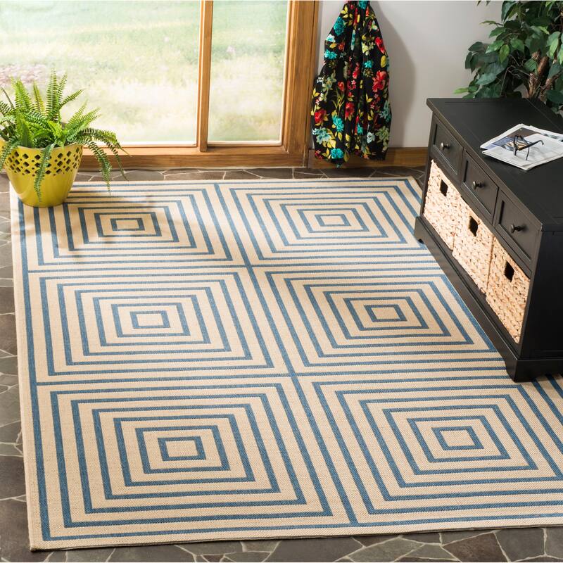 SAFAVIEH Linden Loris Indoor/ Outdoor Waterproof Patio Backyard Rug - 5'3" x 7'6" - Cream/Blue
