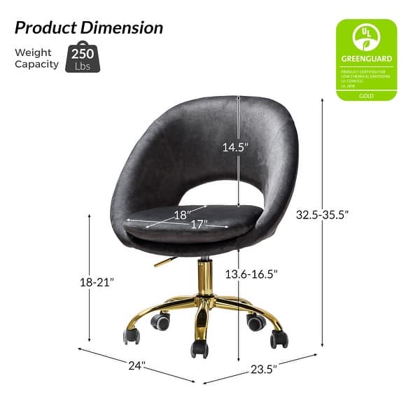 dimension image slide 16 of 18, HULALA HOME Ramona Modern Velvet Height Adjustable 360 Swivel Task Chair with Metal Base