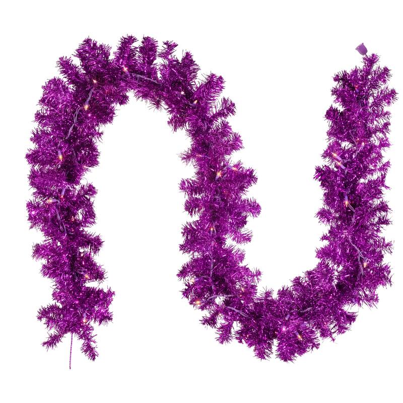 Pre-Lit Artificial Tinsel Christmas Garland - 9' x 8" - Purple - Clear Lights
