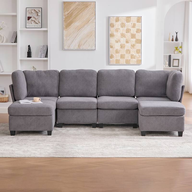 HOMEFUN 6-Seat Polyester Upholstered U-Shaped Modular Storage Sleeper Sectional Sofa with Storage Ottoman - Grey