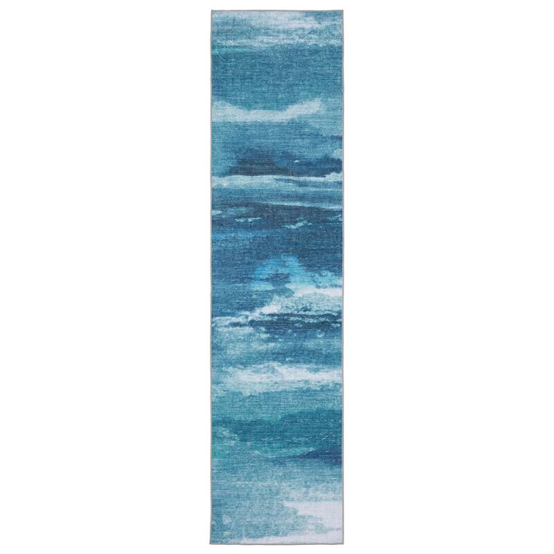 Vista Home Sunderland Abstract Sky Washable Blue/ Ivory Area Rug - 2' x 8' - Runner