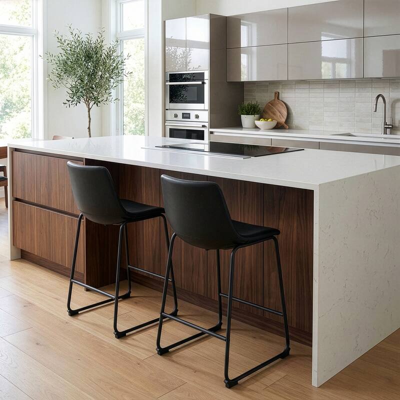 Set of 2 Adan Iron Frame Black Faux Leather Counter Stool