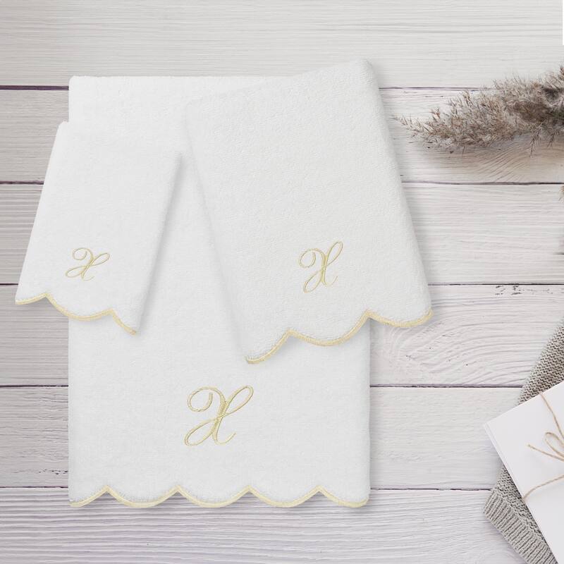 Authentic Hotel and Spa 100% Turkish Cotton Beige ADORNIA Scallop Personalized 3 Piece Towel Set - 3 Piece Set