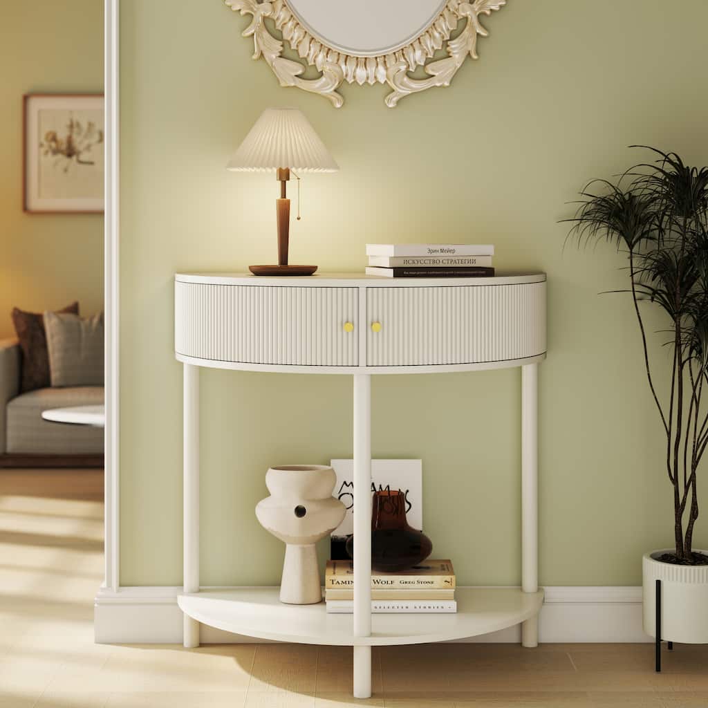 Console Table Unique Half Moon End Table with Open Shelf, Entryway Table Cream White Hallway Table Side Table