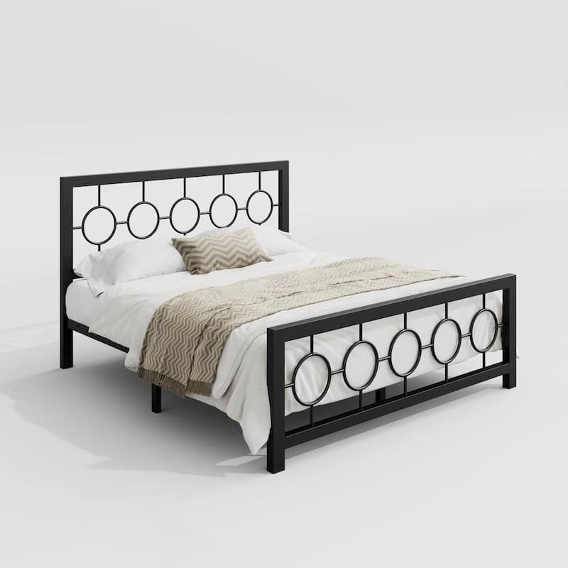 Art Deco Metal Platform Bed Frame with Openwork Headboard and Footboard Modern Iron Slat Support - Queen