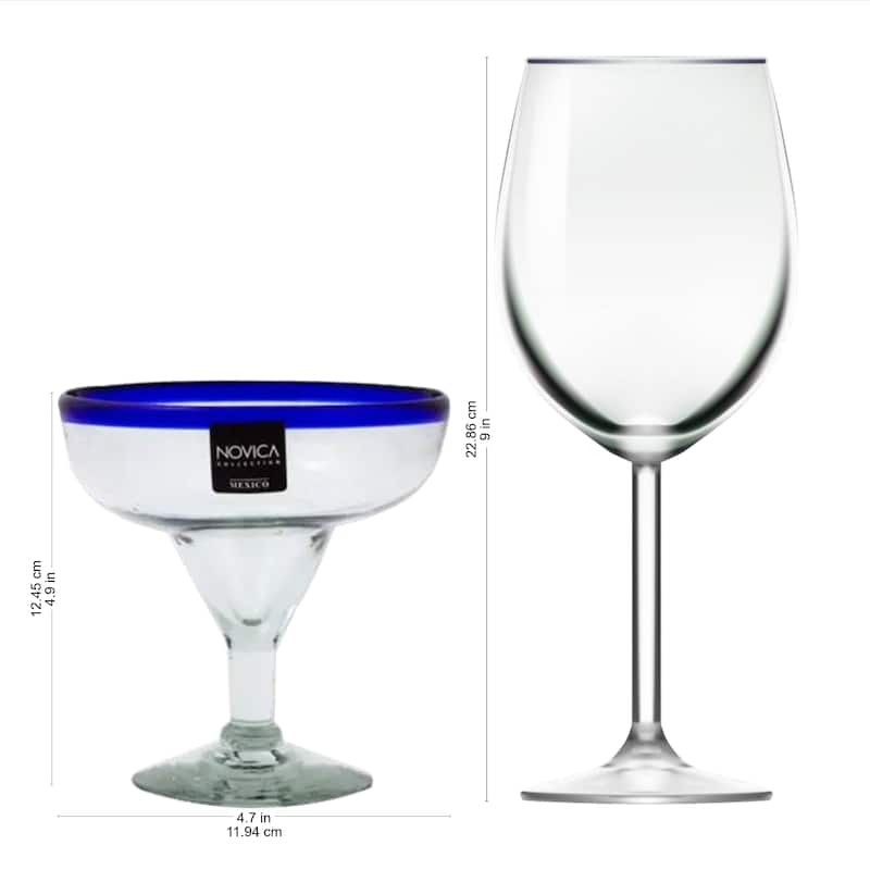 NOVICA Artisan Handblown Recycled Margarita Glasses Blue Cocktail Drinkware Clear Mexican Tableware 'Happy Hour'(set of 4)