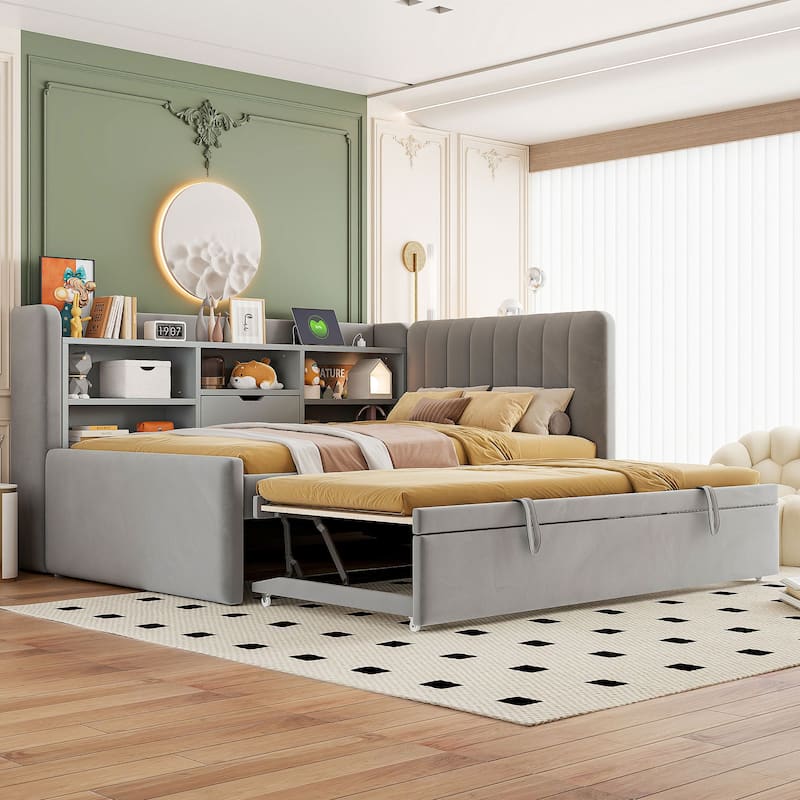 Twin Size Upholstered Daybed with Pop Up Trundle and Storage Shelves & Socket - Grey - Twin