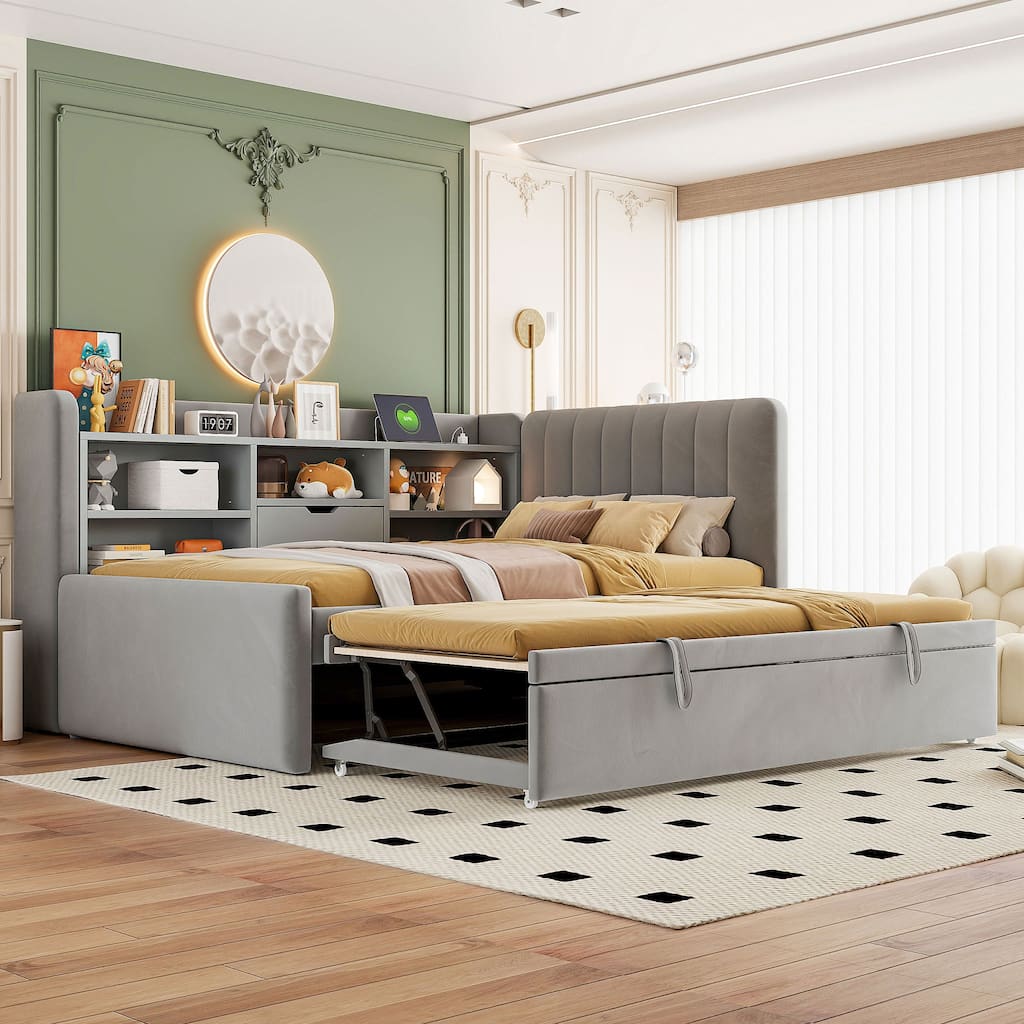 Twin Size Velvet Upholstered Daybed with Trundle, Storage Shelves, USB & Outlet