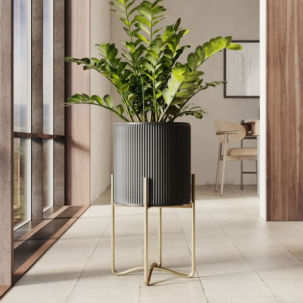 Everett Black Mid-Century Modern Indoor Metal Pot Planter with Tall Metal Base - 25.25 inch H x 13.25 inch W