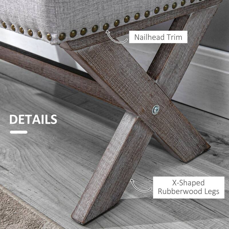 Grey Upholstered Storage Shoe Bench with Nail head Trim for Entryway Bedroom or Living Room Seating
