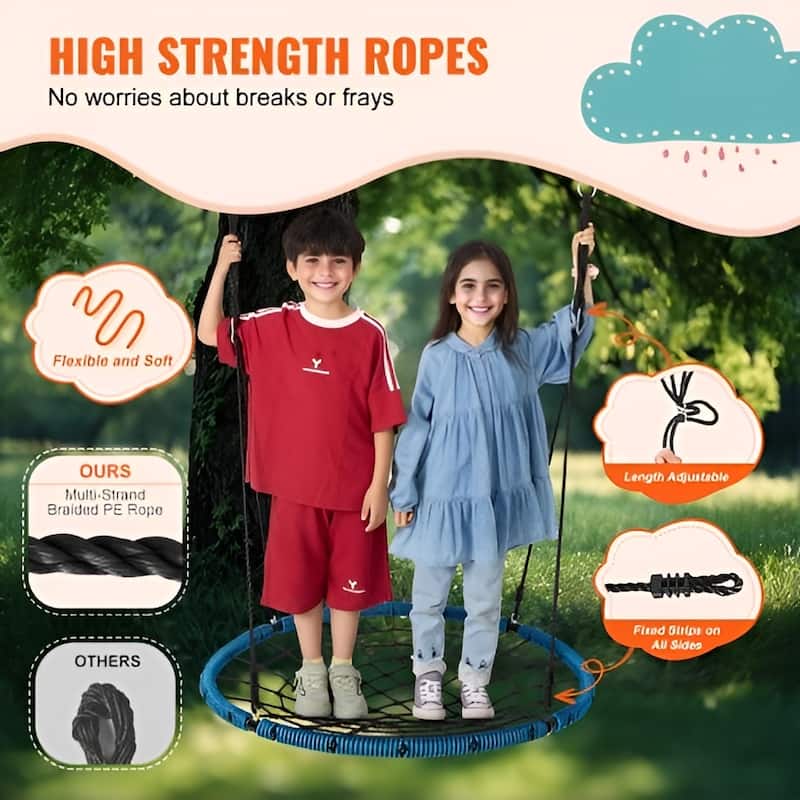 Blue Black Braided Rope Spider Web Swing, 750lb Round Tree Seat for Kids - 40" L x 1.8" H